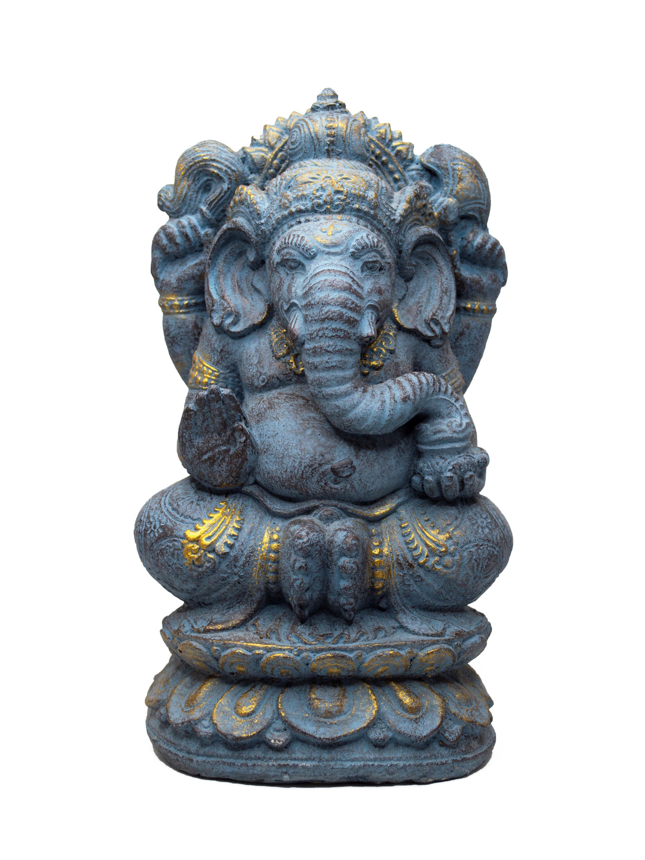 Ganesha Sculpture - Decorative Room Decoration Artwork - Elephant Head Hindu Lucky Charm Statue - Stone Figure Blue - 34 cm