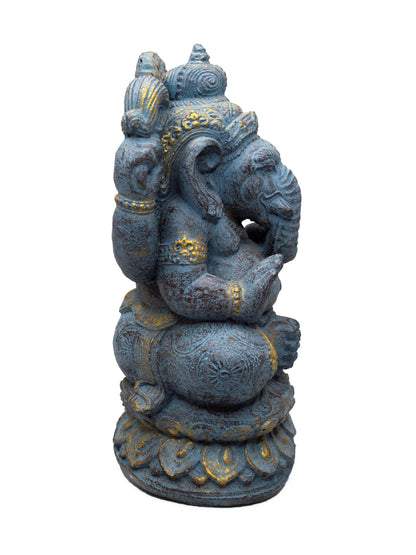 Ganesha Sculpture - Decorative Room Decoration Artwork - Elephant Head Hindu Lucky Charm Statue - Stone Figure Blue - 34 cm