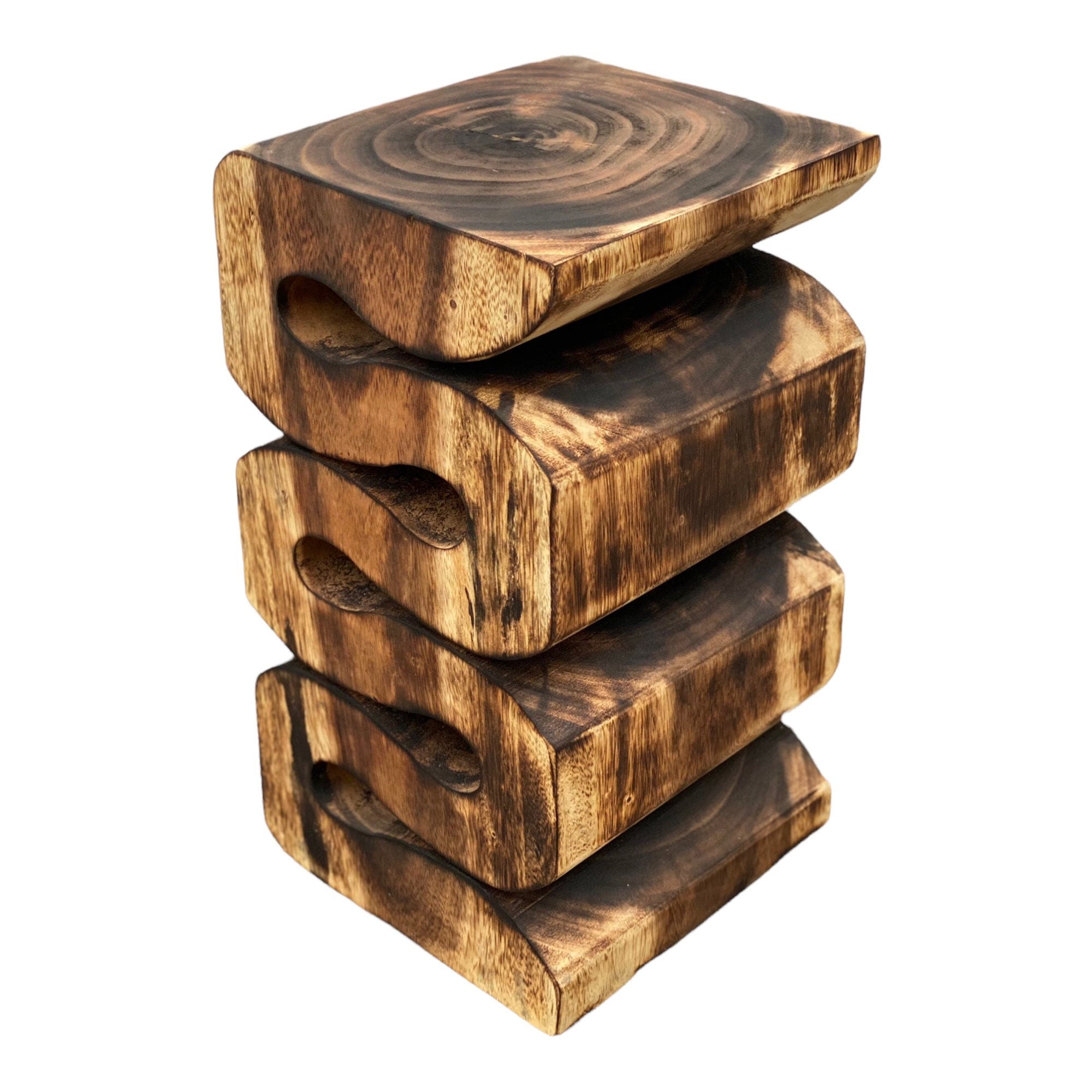 Wooden stool - side table, flower stool, storage table - handmade - flambéed snake made of solid suar wood - 50x30x30 cm