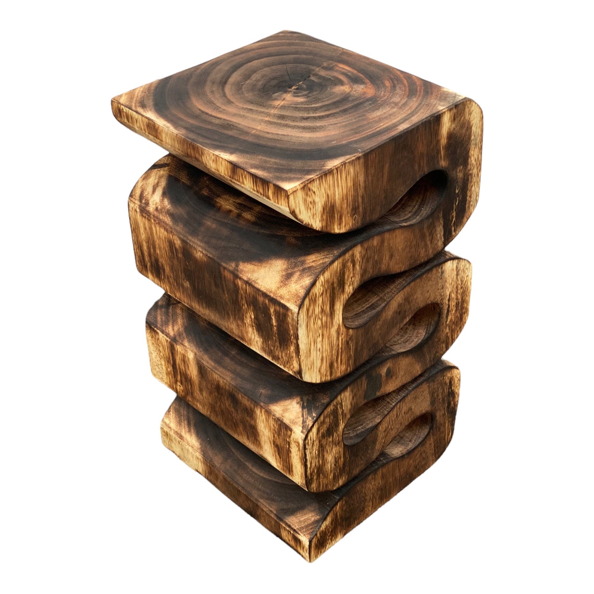 Wooden stool - side table, flower stool, storage table - handmade - flambéed snake made of solid suar wood - 50x30x30 cm