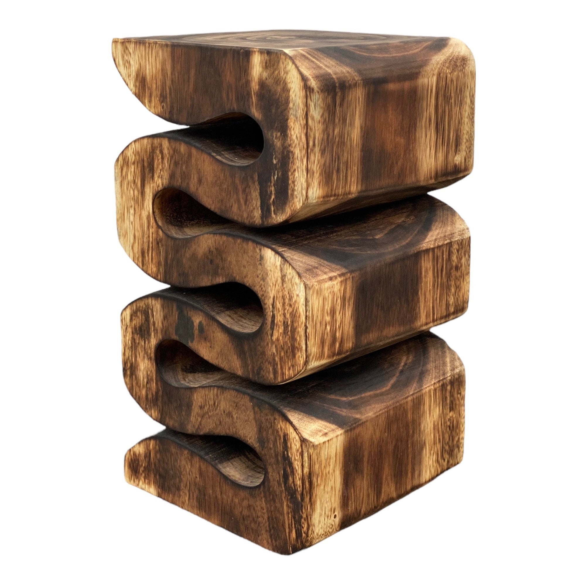 Wooden stool - side table, flower stool, storage table - handmade - flambéed snake made of solid suar wood - 50x30x30 cm