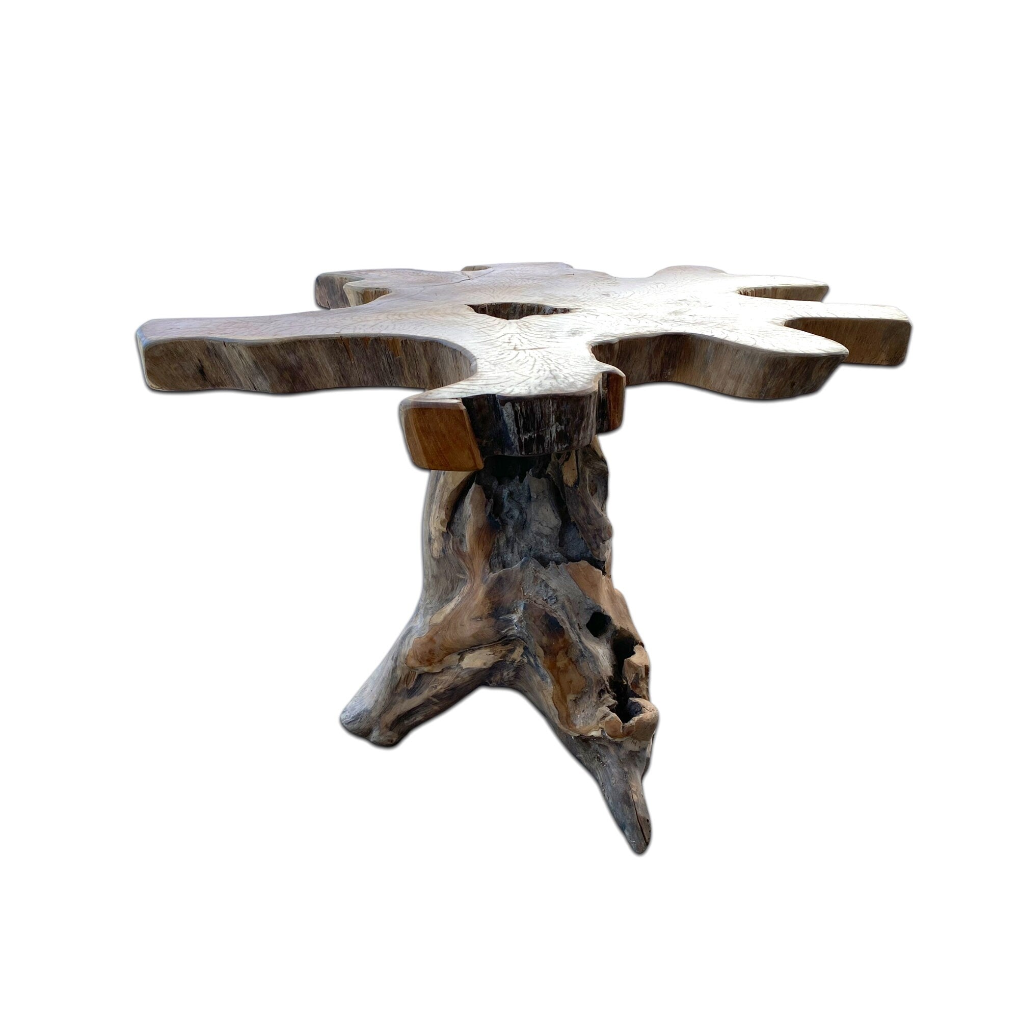 Table en bois de racine - meuble d'intérieur salon tabouret à fleurs - fait main - teck naturel massif - environ 74x97x99 cm